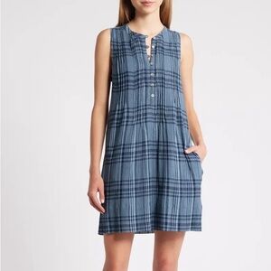 Faherty Isha Pintuck Organic Cotton Minidress in Clearwater Navy Plaid